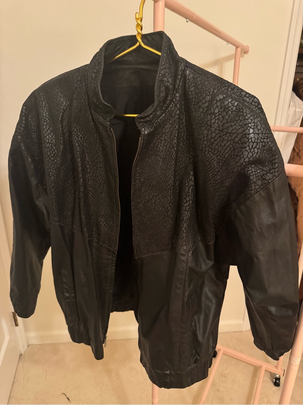 Black Leather Jacket - Women's Faux Snakeskin Panel Bomber